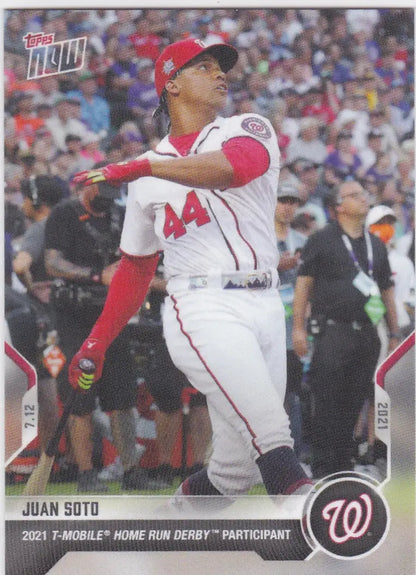 Juan Soto baseball card from 2021 Topps Now featuring Washington Nationals star player