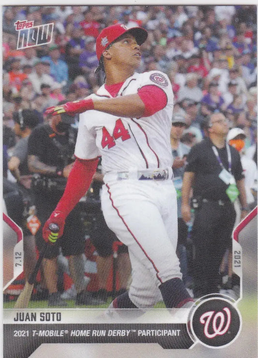 Juan Soto baseball card from 2021 Topps Now featuring Washington Nationals star player