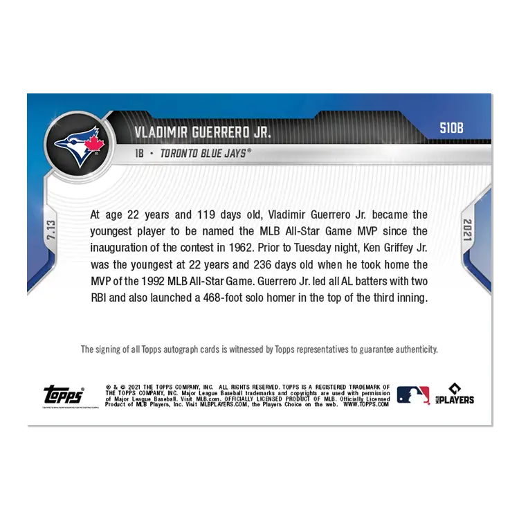 2021 Topps Now 510B Vladimir Guerrero Jr. Autograph ASG MVP card limited to 49 copies
