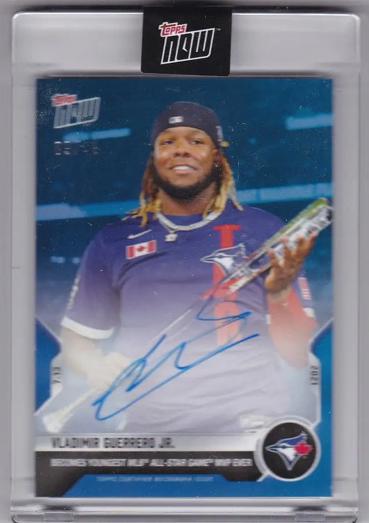 Autographed 2021 Topps Now 510B Vladimir Guerrero Jr. card in purple Blue Jays uniform