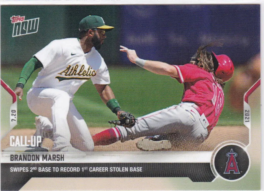 Baseball card of Brandon Marsh sliding into second base for Angels team at 2021 TOPPS NOW