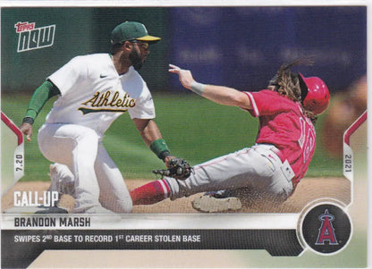Baseball card of Brandon Marsh sliding into second base for Angels team at 2021 TOPPS NOW