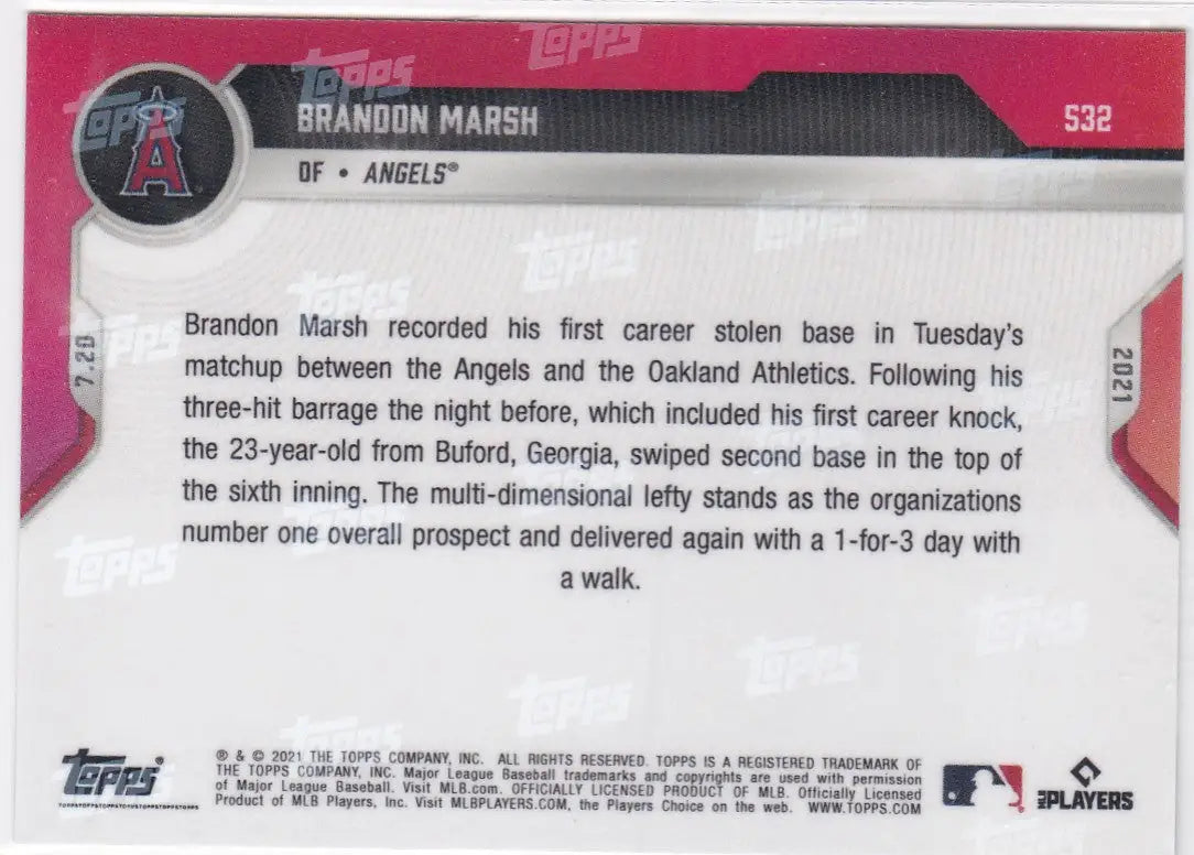 Brandon Marsh baseball card from 2021 TOPPS NOW #532 featuring the Angels team