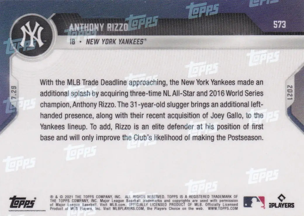 Back of 2021 Topps Now #573 Anthony Rizzo trading card featuring New York Yankees stats