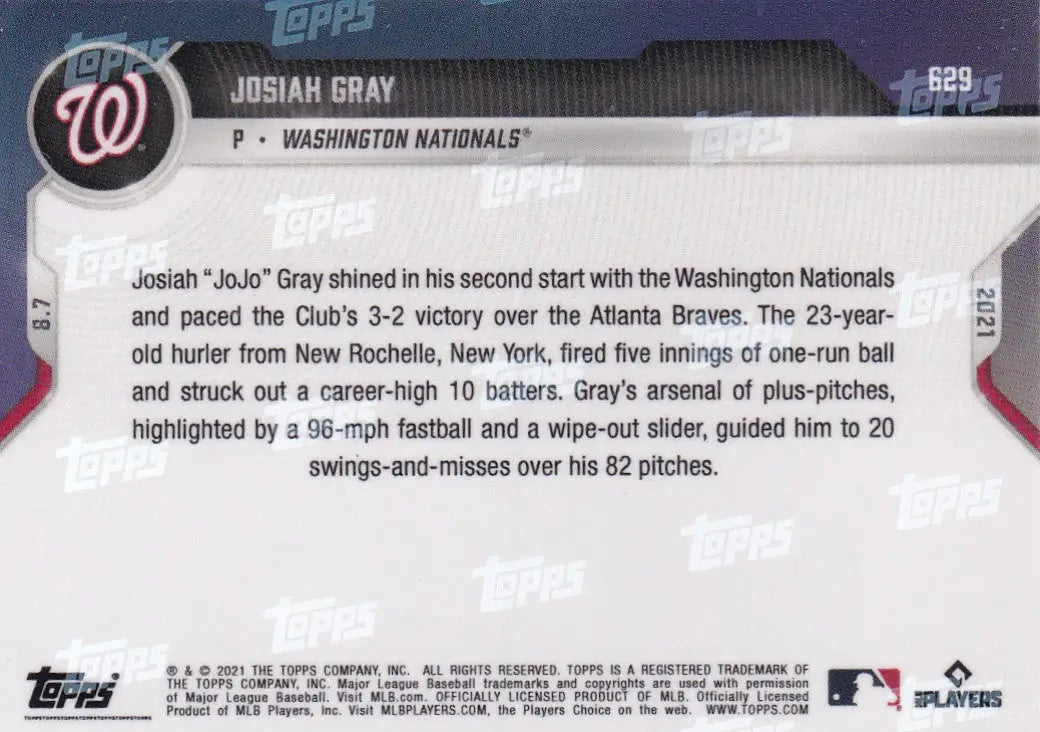 Josiah Gray baseball card from 2021 Topps Now featuring Washington Nationals player
