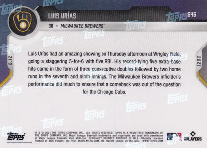 Back of 2021 TOPPS NOW #646 Luis Urias Milwaukee Brewers baseball card