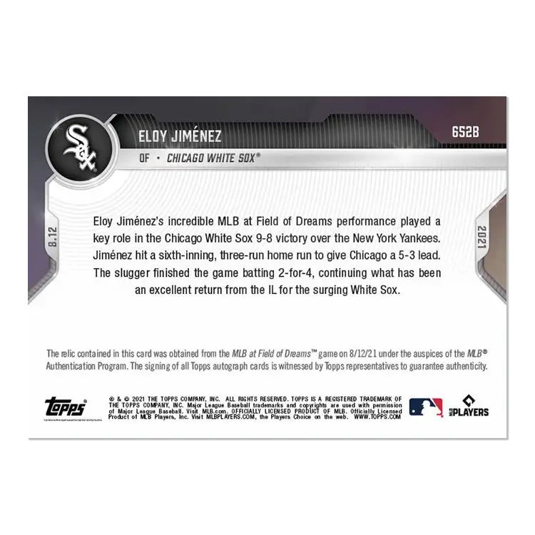 Eloy Jiménez Chicago White Sox baseball card from 2021 Topps Now Dreams Auto Relic