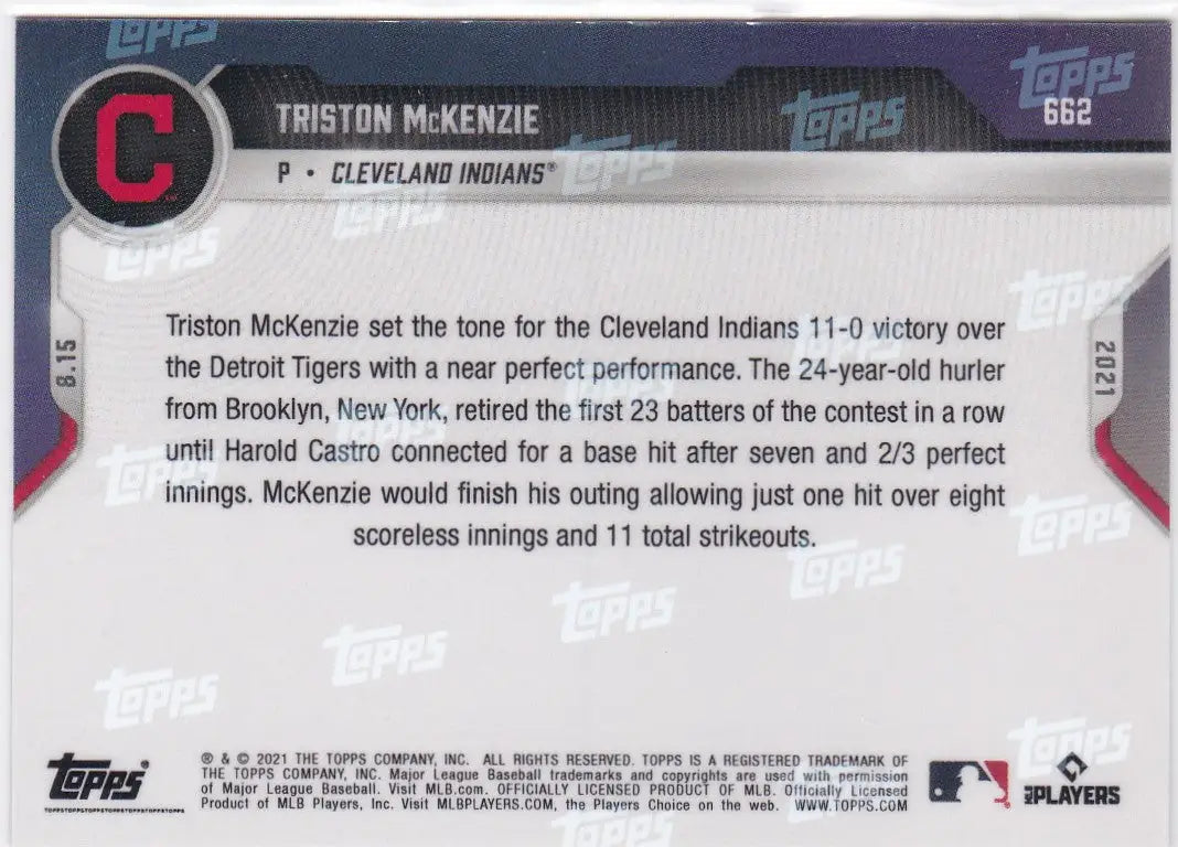 Triston McKenzie baseball card from 2021 Topps Now featuring Cleveland Indians player