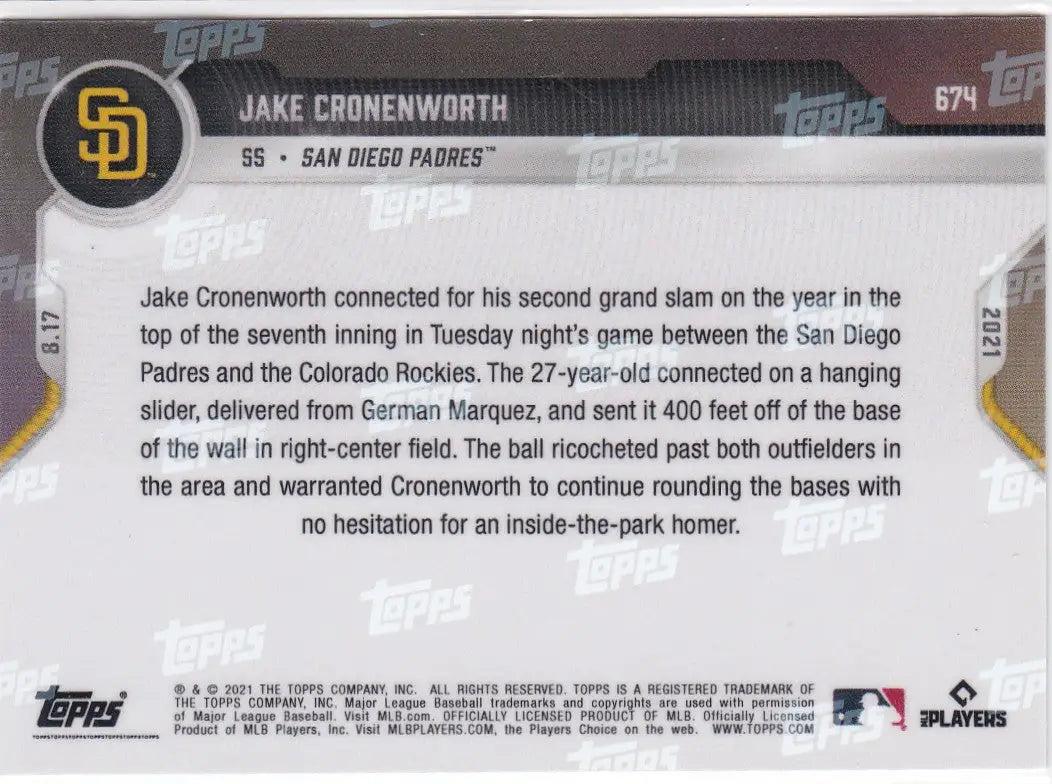 Back of 2021 TOPPS NOW #674 Jake Cronenworth Baseball Card for San Diego Padres