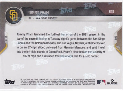 Baseball card back of 2021 Topps Now #675 Tommy Pham from San Diego Padres