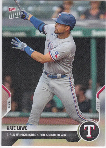 Baseball card of Nate Lowe Texas Rangers 2021 TOPPS NOW #699 featuring Lowe Texas Rangers