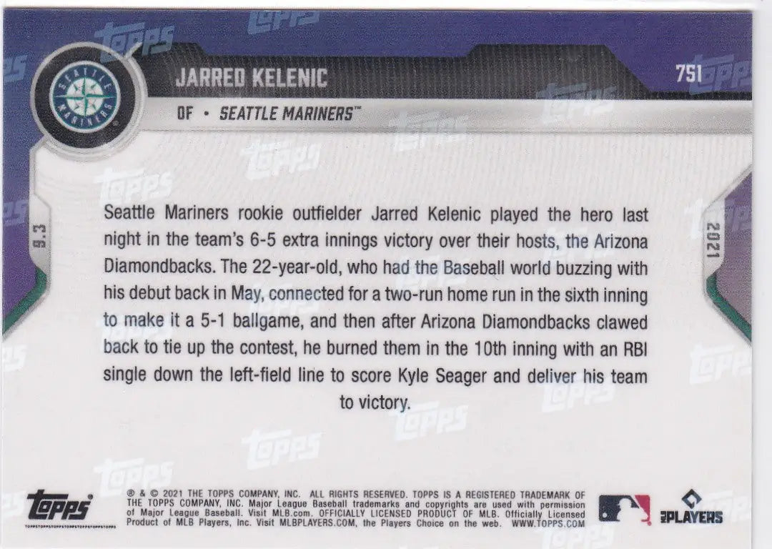 Back of 2021 TOPPS NOW Jarred Kelenic baseball card showing stats Seattle Mariners