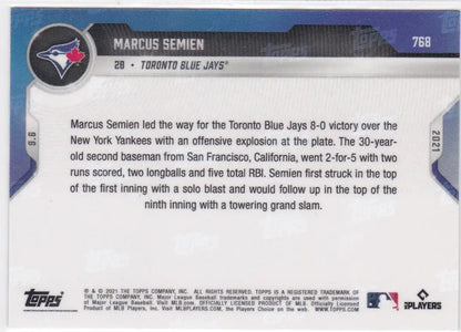 Baseball card back for 2021 TOPPS NOW #768 MARCUS SEMIEN TORONTO BLUE JAYS