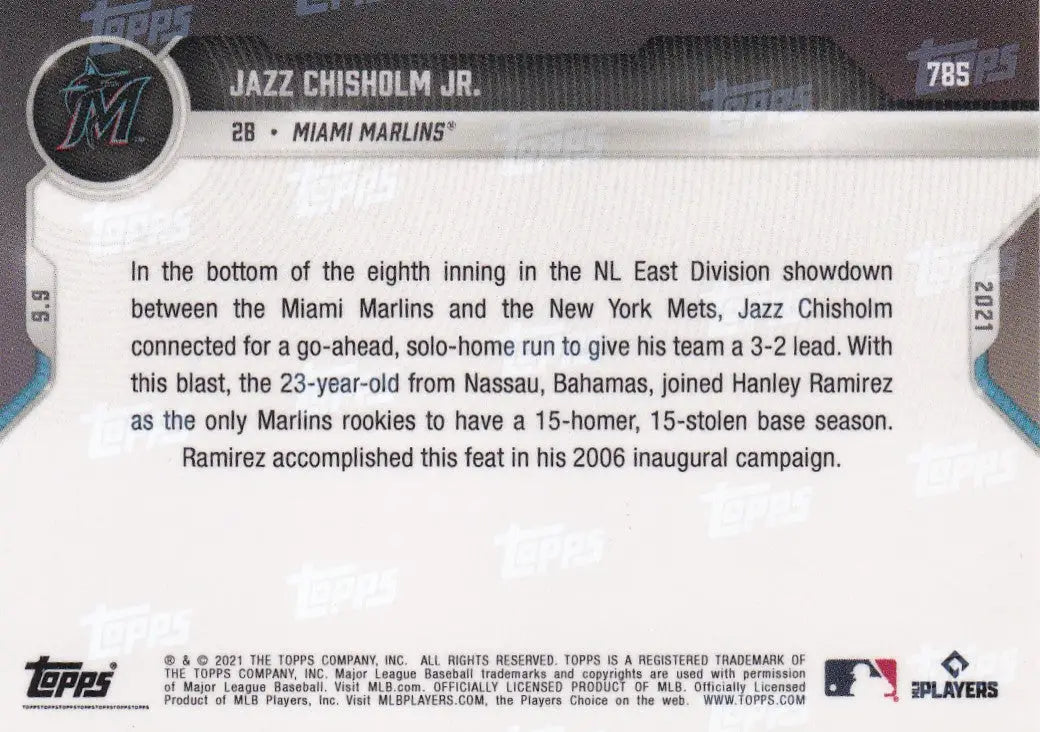 Baseball card back featuring Jazz Chisholm Jr Miami Marlins 2021 TOPPS NOW #785