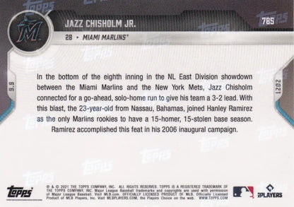 Baseball card back featuring Jazz Chisholm Jr Miami Marlins 2021 TOPPS NOW #785