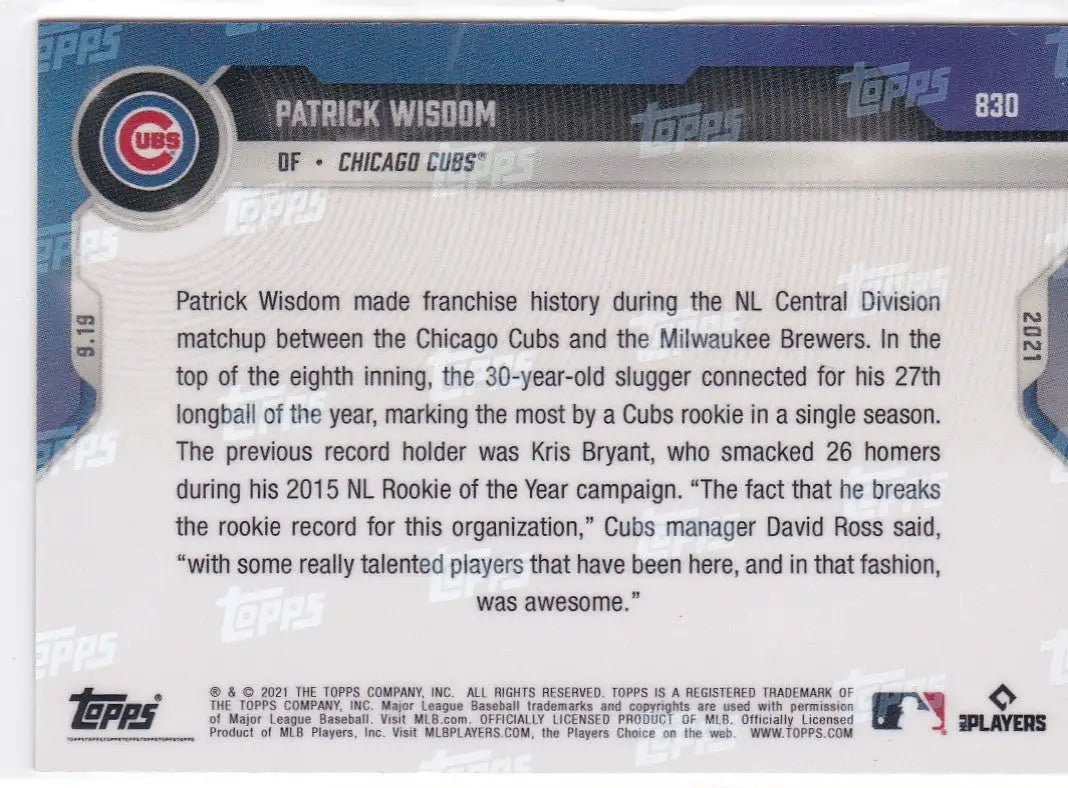 Patrick Wisdom Chicago Cubs baseball card back from 2021 TOPPS NOW #830