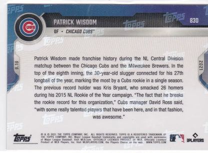 Patrick Wisdom Chicago Cubs baseball card back from 2021 TOPPS NOW #830