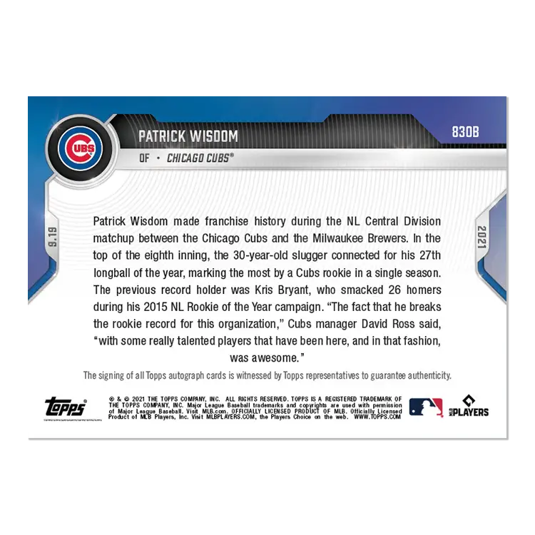 Baseball trading card 2021 Topps Now 830B Patrick Wisdom Chicago Cubs AUTO 2/49