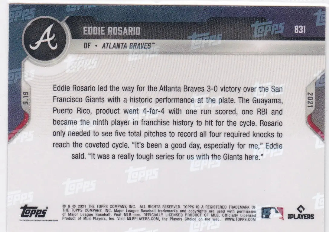 Baseball card back featuring Eddie Rosario- Atlanta Braves from 2021 TOPPS NOW #831