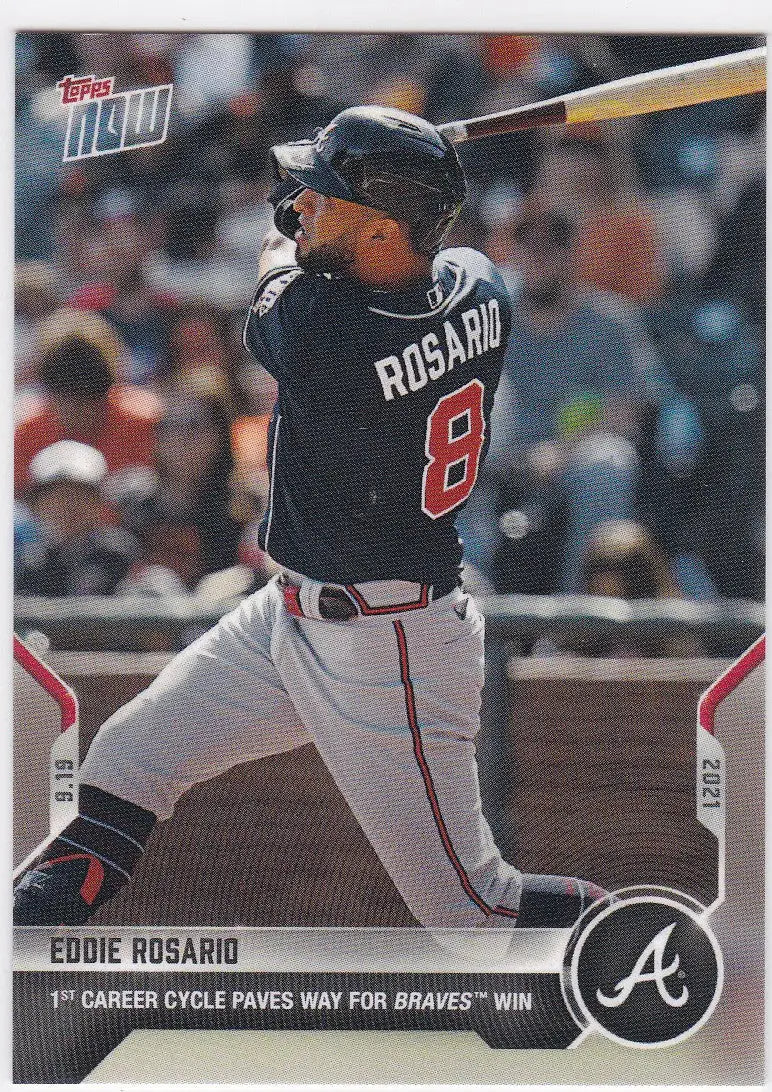 Eddie Rosario baseball card from 2021 TOPPS NOW featuring Atlanta Braves player Rosario-Atlanta Braves