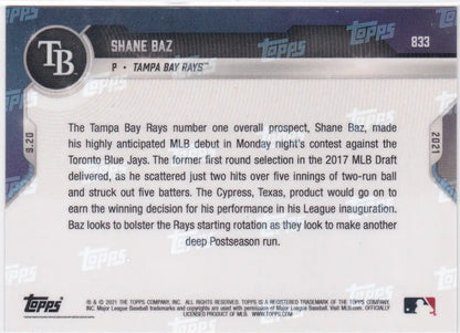 Shane Baz baseball card back from 2021 TOPPS NOW Tampa Bay Rays collection