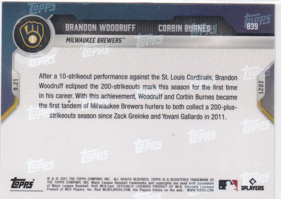 Baseball card back featuring Brandon Woodruff Milwaukee Brewers 2021 TOPPS NOW #839
