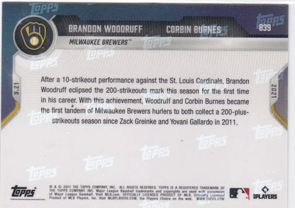 Baseball card back featuring Brandon Woodruff Milwaukee Brewers 2021 TOPPS NOW #839