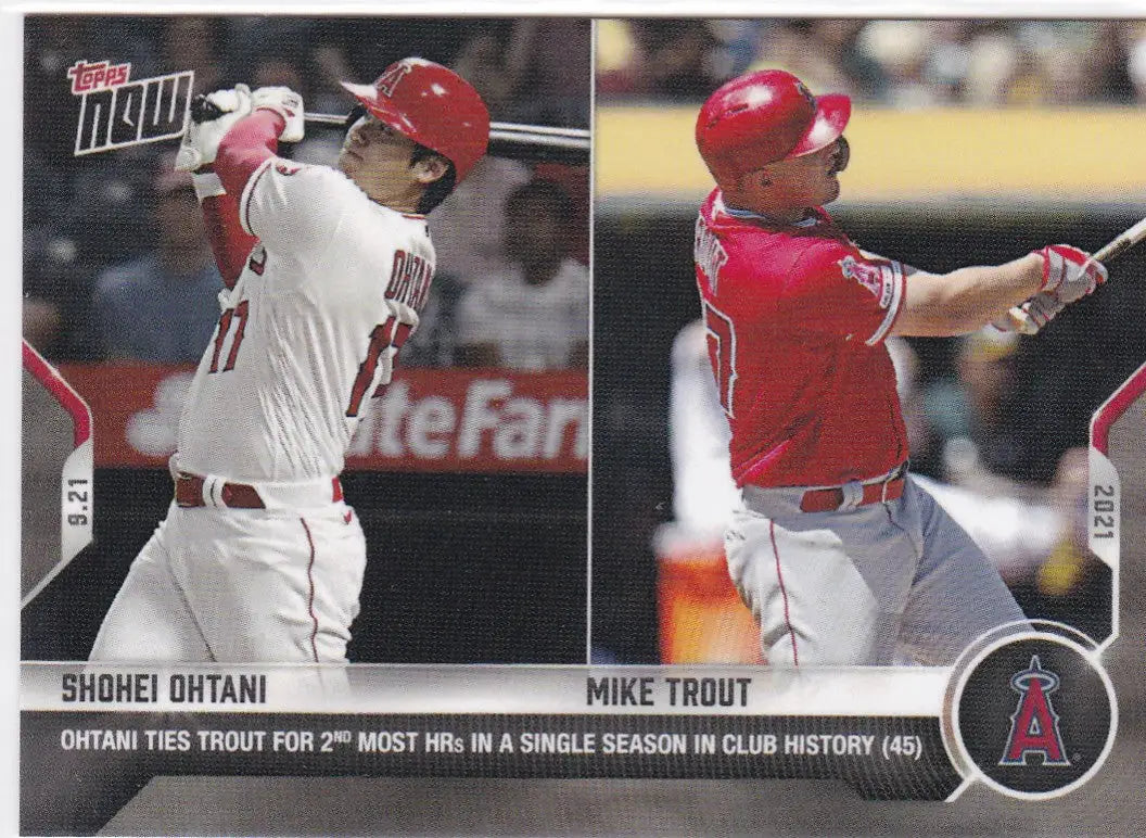 Baseball card featuring Shohei Ohtani- Angels and Mike Trout from 2021 TOPPS NOW #841