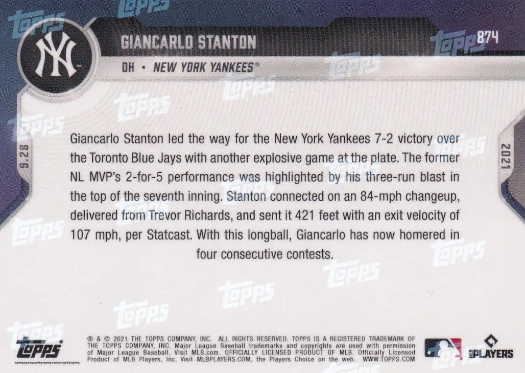 Giancarlo Stanton baseball card from 2021 TOPPS NOW featuring New York Yankees star