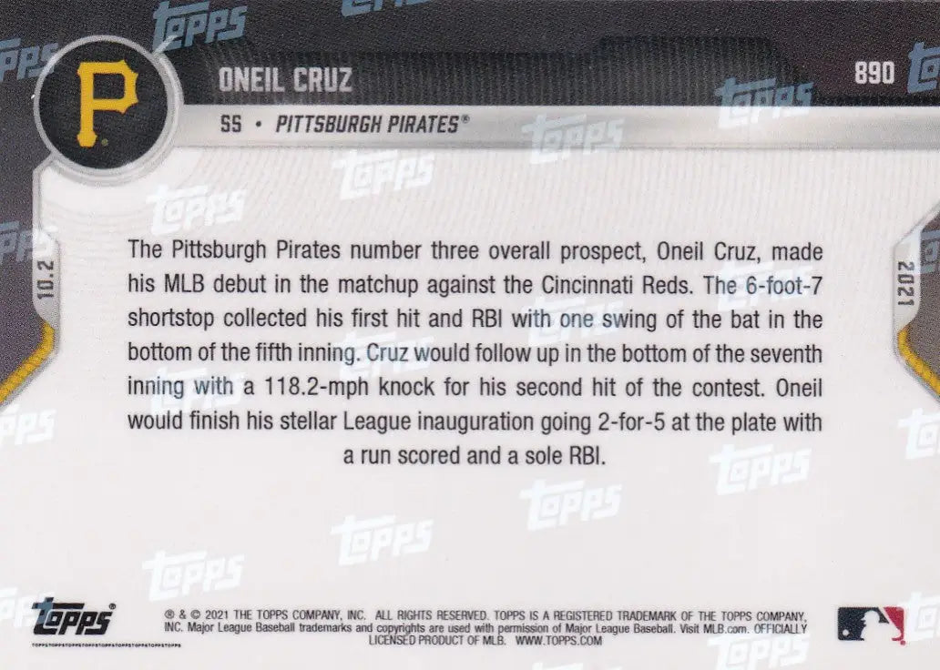 Baseball card back showing O’Neil Cruz Pittsburgh Pirates and state taxes info