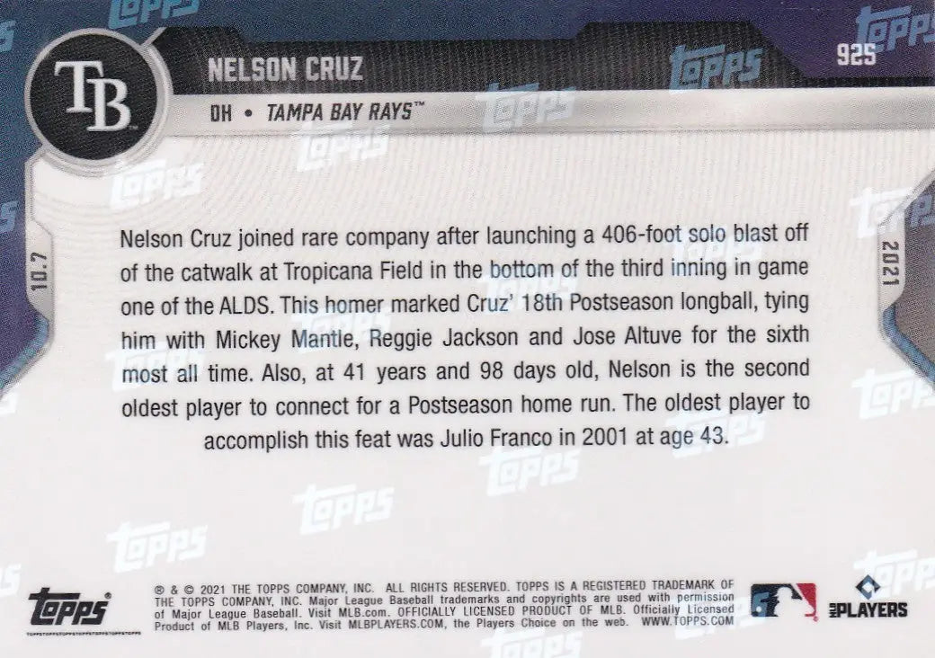 Baseball card back for 2021 TOPPS NOW Nelson Cruz Tampa Bay Rays memorabilia