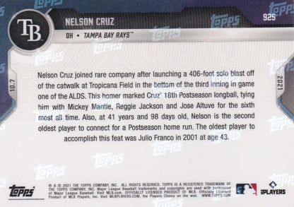 Baseball card back for 2021 TOPPS NOW Nelson Cruz Tampa Bay Rays memorabilia