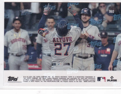 Jose Altuve Houston Astros baseball card from 2021 TOPPS NOW #960 featuring Jose Altuve Houston