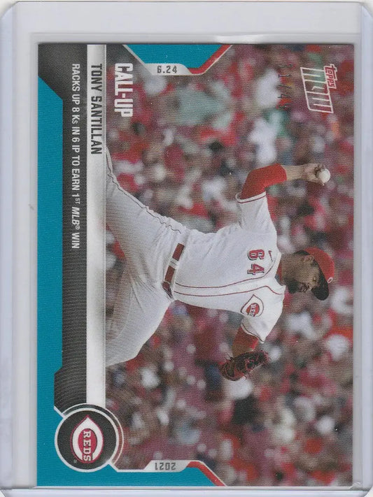 Baseball trading card of Tony Santillan Cincinnati Reds pitcher mid-throw