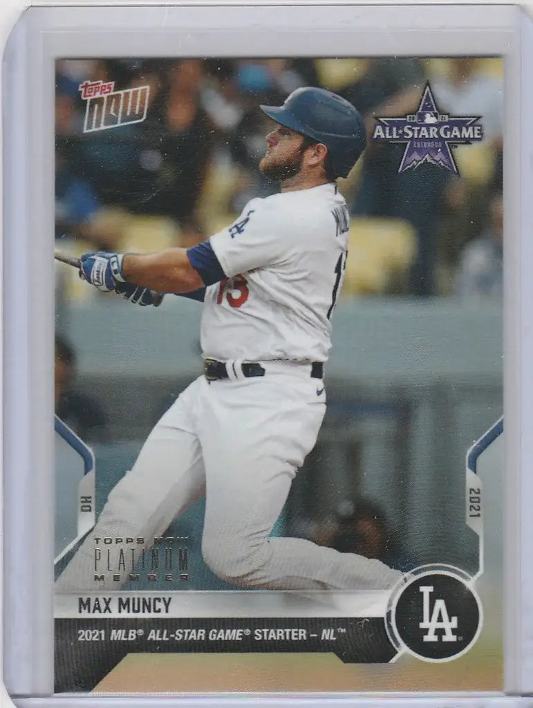 Baseball card of Max Muncy swinging bat for Los Angeles Dodgers 2021 Topps Now