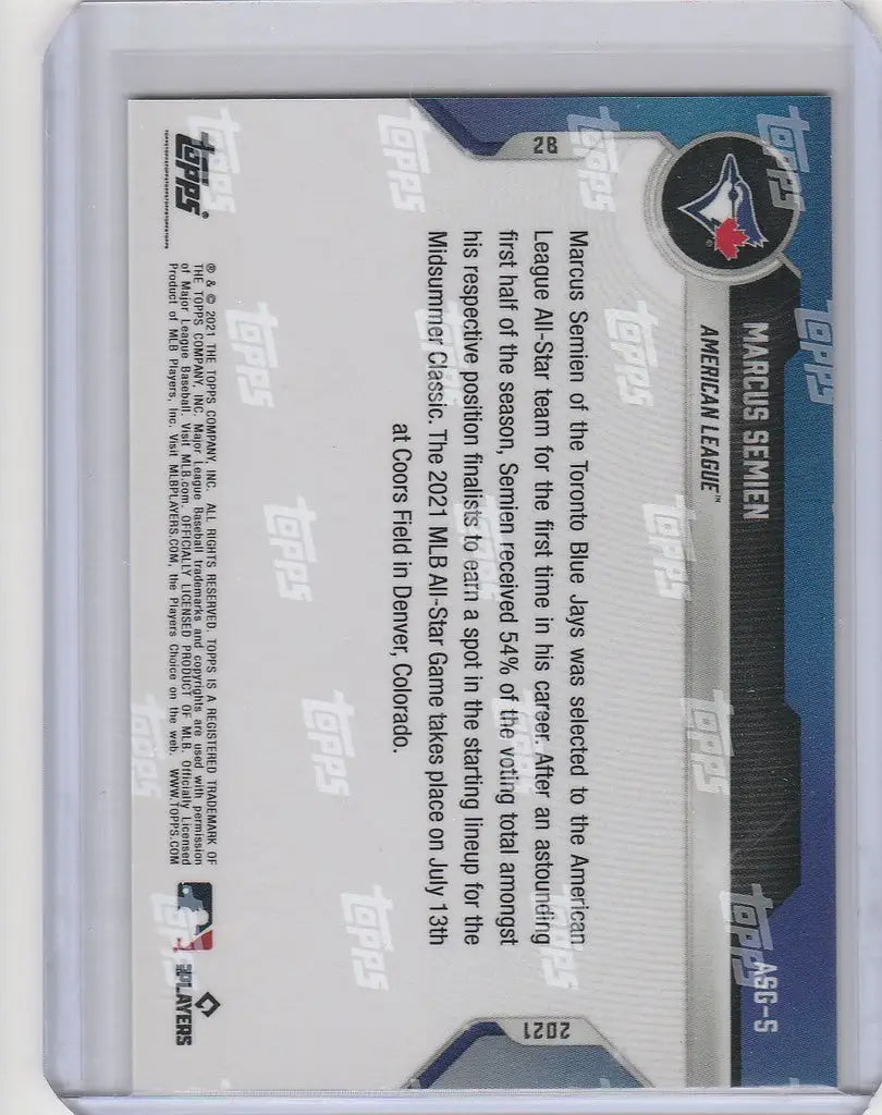 Baseball trading card featuring Marcus Semien with Toronto Blue Jays logo