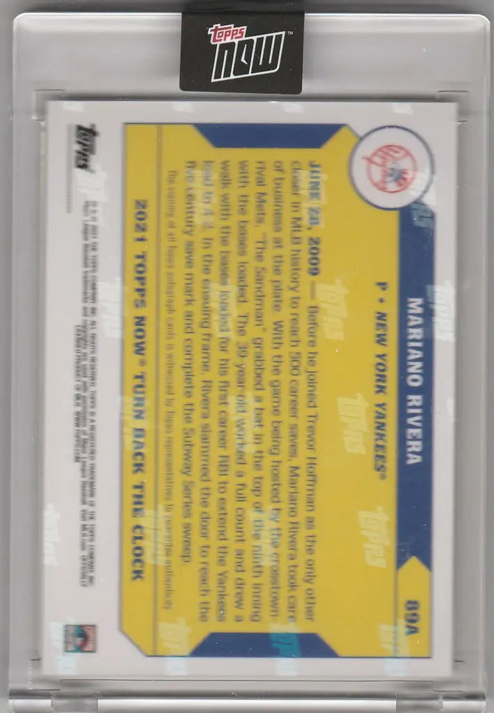 Baseball trading card of 89A Mariano Rivera in protective case for collectors