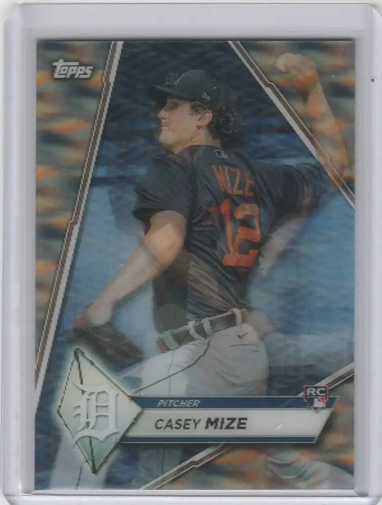 Baseball trading card of Casey Mize in mid-throw for Detroit Tigers Rookie Class Motion