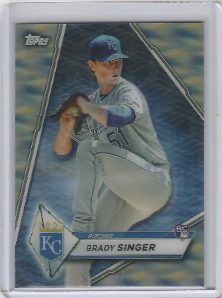Baseball card of Brady Singer Royals pitcher in mid-throw, RCM-9 Brady Singer rookie