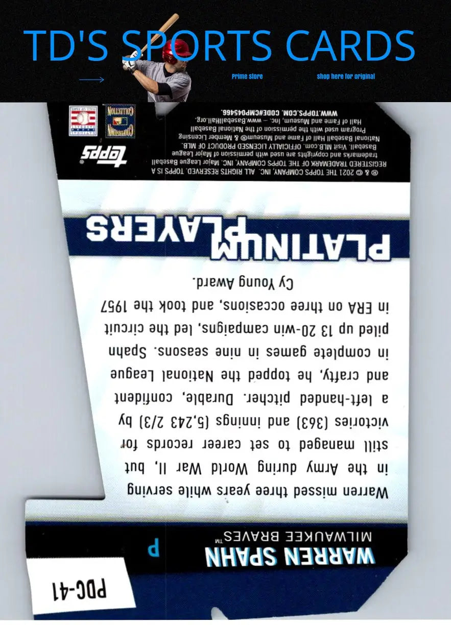 Back of the 2021 Topps Warren Spahn Platinum Players Die Cut baseball card
