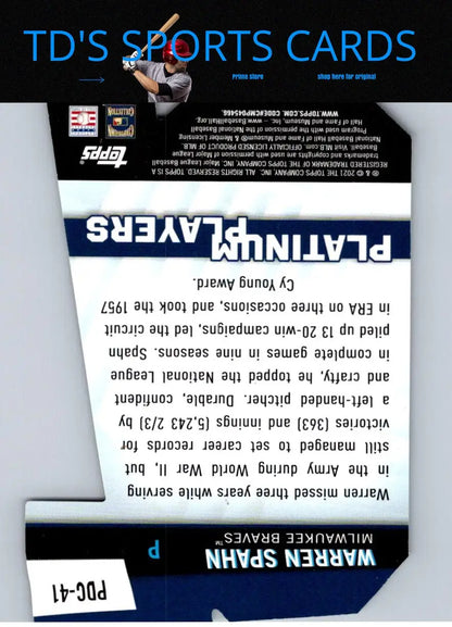 Back of the 2021 Topps Warren Spahn Platinum Players Die Cut baseball card