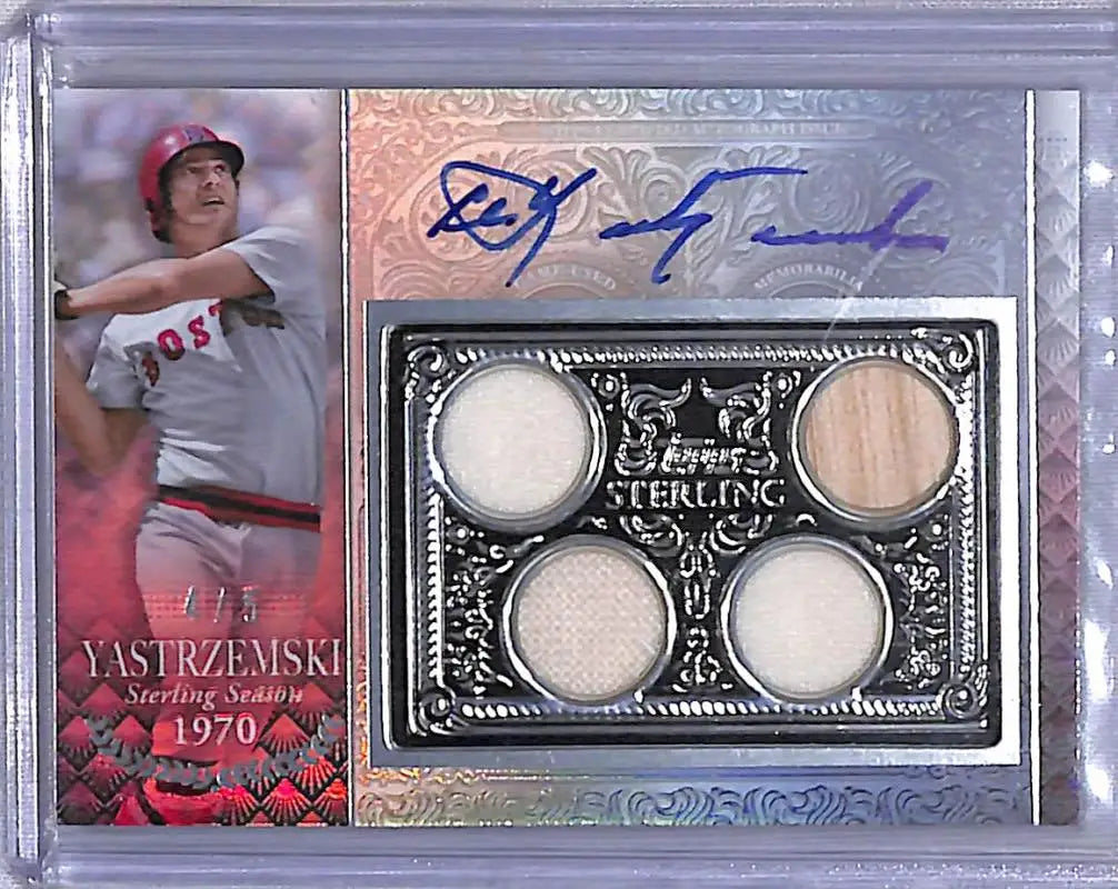Baseball trading card of Carl Yastrzemski with autograph and memorabilia from Topps Sterling Seasons