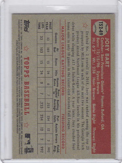 Vintage baseball card of Joey Bart RC featuring player stats for San Francisco Giants