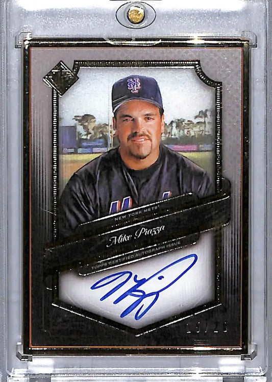 Baseball trading card of Mike Piazza in black jacket, navy cap, Topps Transcendent
