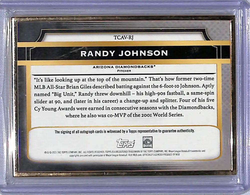 Randy Johnson Arizona Diamondbacks baseball card displayed in a protective case