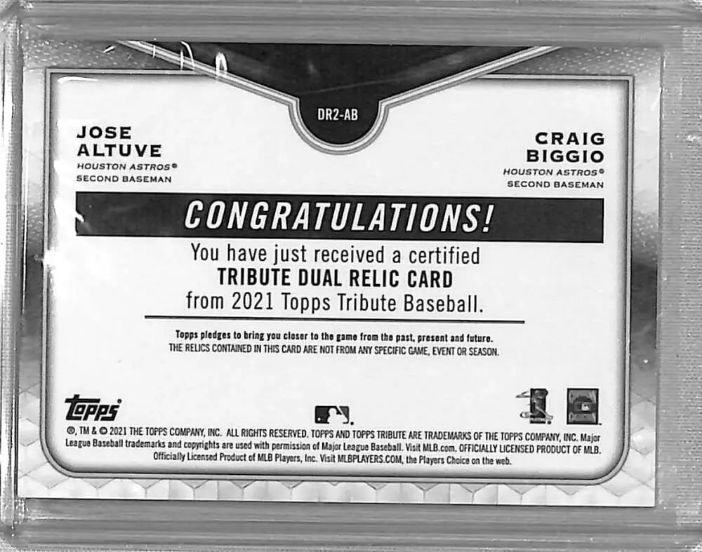 2021 Topps Tribute Dual Relics Baseball Card featuring Craig Biggio and Jose Altuve #/150