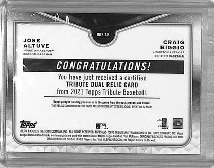 2021 Topps Tribute Dual Relics Baseball Card featuring Craig Biggio and Jose Altuve #/150