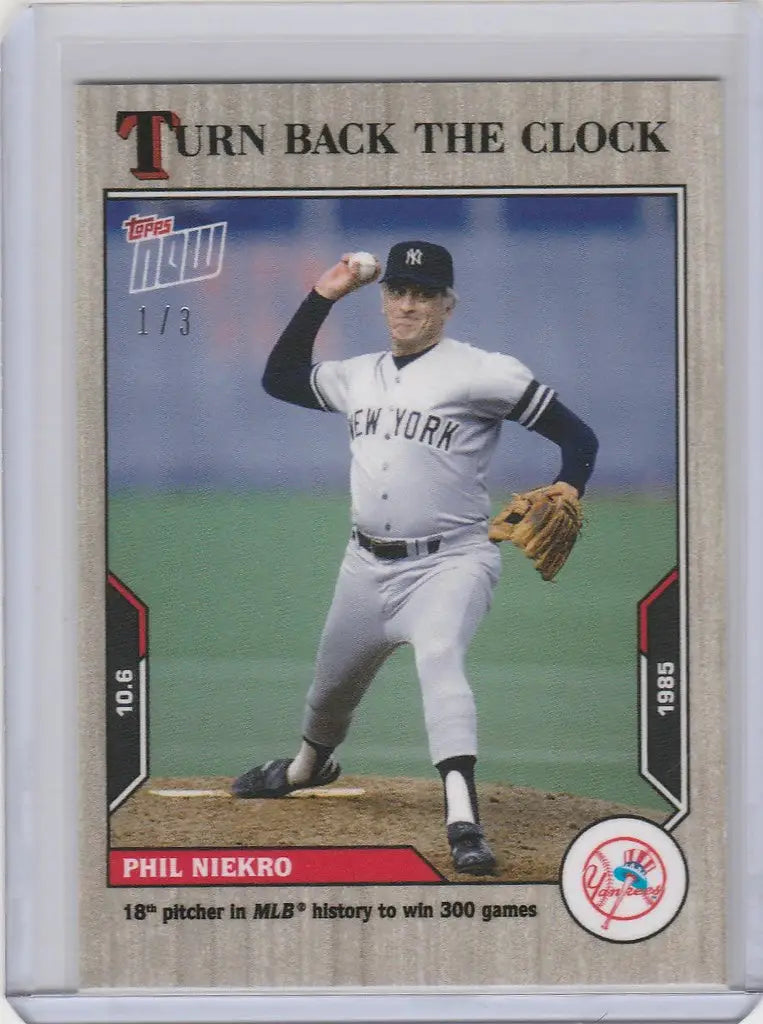 Phil Niekro New York Yankee baseball card in mid-throw from 2021 Topps Turn Back the Clock