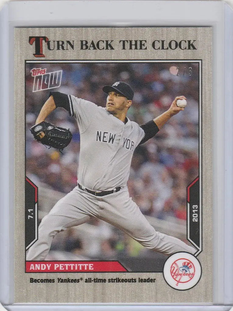 Baseball card featuring Andy Pettitte in mid-throw for New York Yankees Clock Ash Parallel