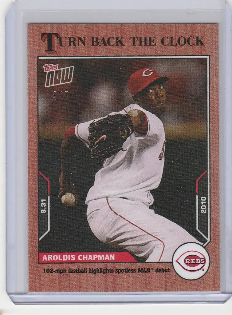 Baseball card of Aroldis Chapman Reds in mid-throw from Topps Turn Back the Clock Cherry Parallel